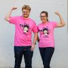 woman and man modelling pink shirt