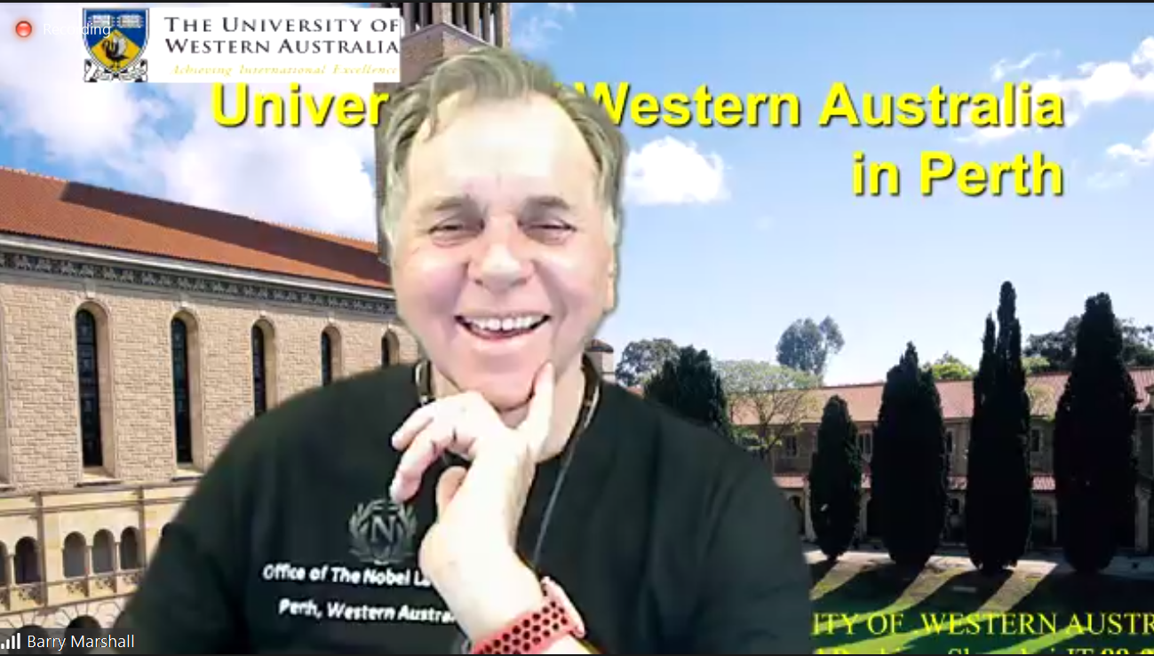 Screenshot of Professor Barry Marshall during his lecture to 2021 NYSF Year 12 Program participants.