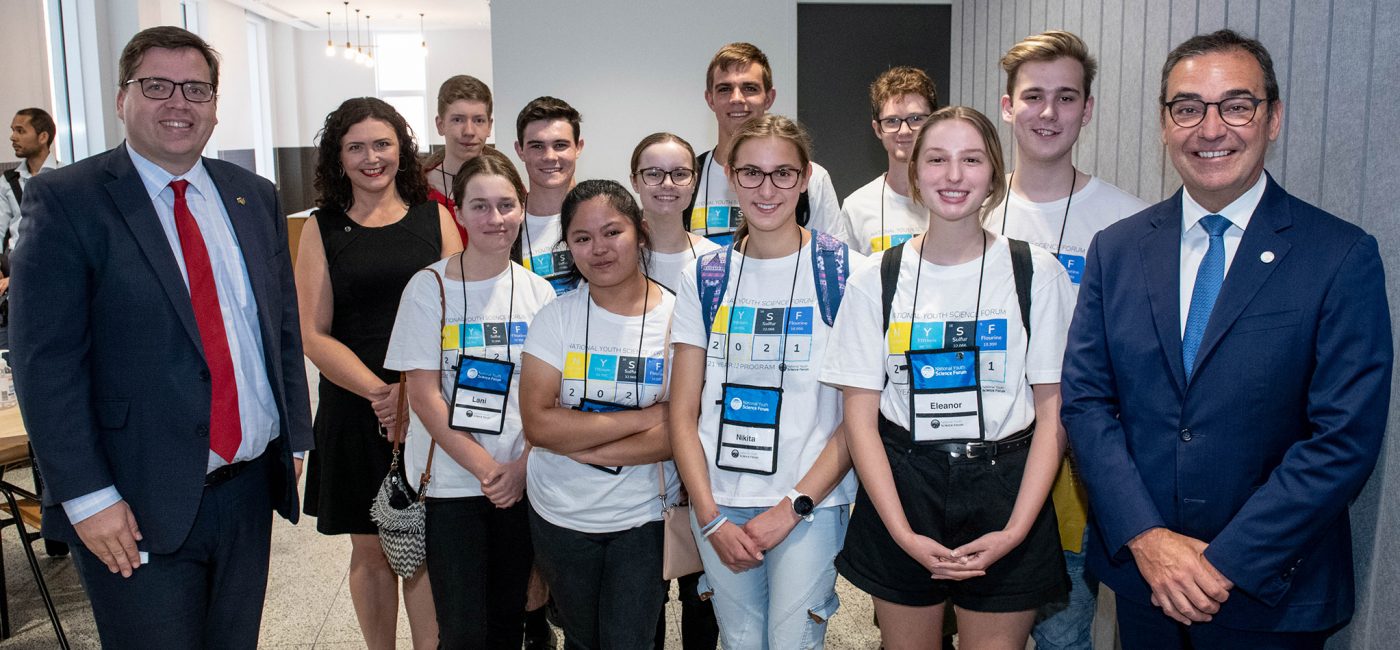 NYSF Particpants with (L-R) SA Minister for Education, the Hon John Gardner MP, NYSF CEO, Dr Melanie Bagg and Premier of SA the Hon Steven Marshall MP at the Lot Fourteen Press Conference