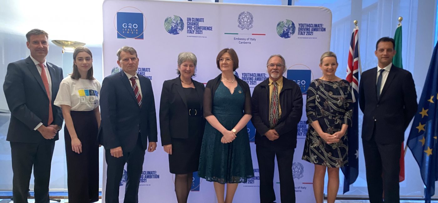 Speakers at the Towards COP26: Building on ambition reception (L-R) Mr Jamie Isbister, Australian Ambassador for the Environment, DFAT, Naomi, HE Micheal Pulch, European Union Ambassador, HE Vicki Treadell, British High Commissioner, HE Francesca Tardioli, Ambassador of Italy, Ngunnawal Traditional Custodian, Mr Wally Bell, Australian Minister for the Environment, the Hon Sussan Ley MP and Mr Werther Esposito, Country Manager, Enel Green Power