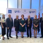 Speakers at the Towards COP26: Building on ambition reception (L-R) Mr Jamie Isbister, Australian Ambassador for the Environment, DFAT, Naomi,  HE Micheal Pulch, European Union Ambassador, HE Vicki Treadell, British High Commissioner, HE Francesca Tardioli, Ambassador of Italy, Ngunnawal Traditional Custodian, Mr Wally Bell, Australian Minister for the Environment, the Hon Sussan Ley MP and Mr Werther Esposito, Country Manager, Enel Green Power