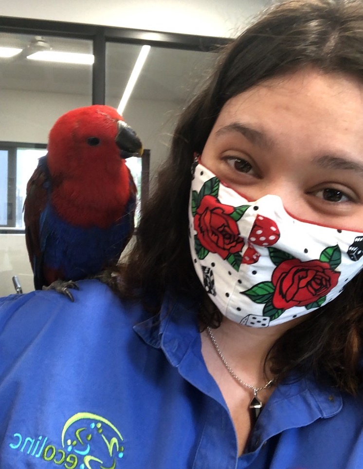Natasha with a bird on her shoulder for work 